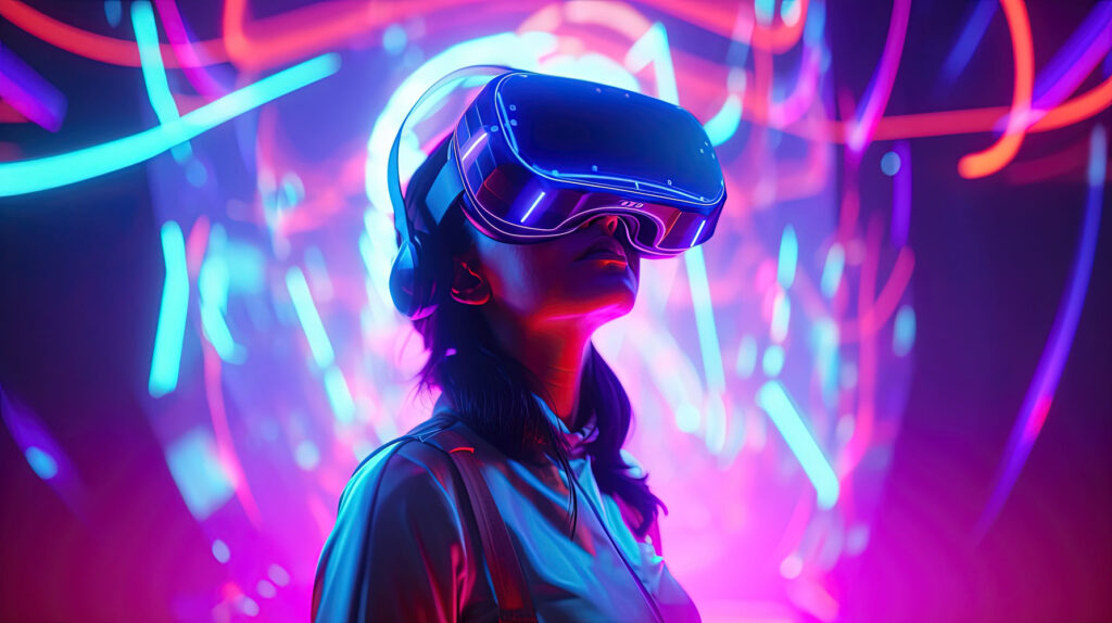 Kobieta w okularach VR w neonowej przestrzeni, sztuka cyfrowa