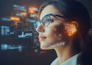 Kobieta biznesu korzysta z nowoczesnych technologii, przedstawiona z wizualizacją przechowywania osobistych informacji w głowie, symbolizującą cyfrową pamięć i innowacyjność. Pobrane Kobieta biznesu korzysta z nowoczesnych technologii, przedstawiona z wizualizacją przechowywania osobistych informacji w głowie, symbolizującą cyfrową pamięć i innowacyjność