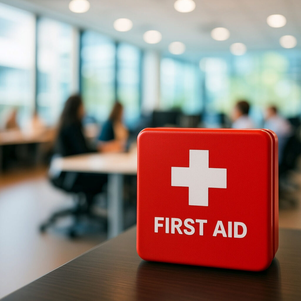 Apteczka pierwszej pomocy na biurowym stole w sali akademickiej
