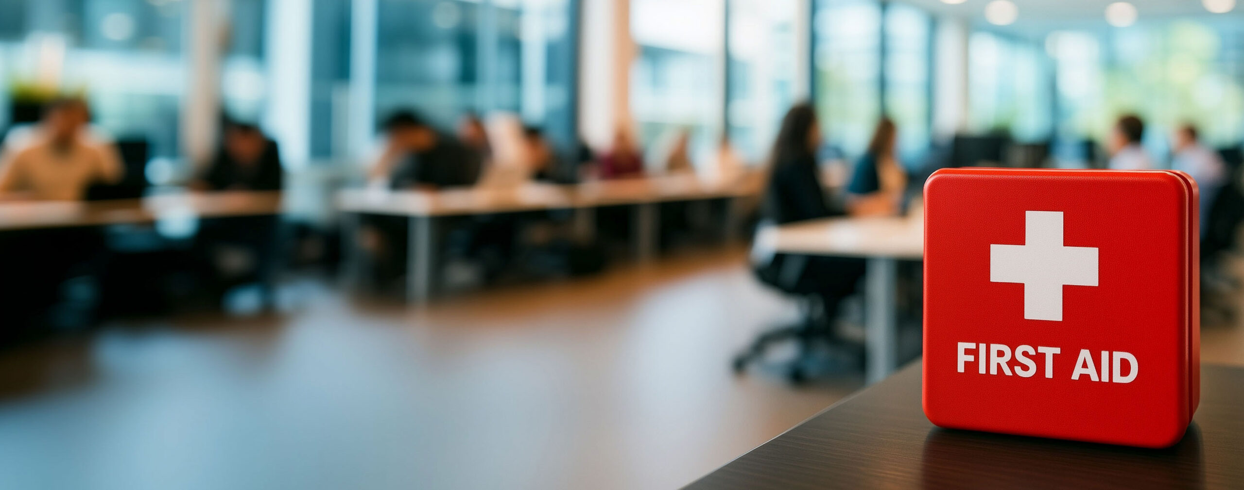 Apteczka pierwszej pomocy na biurowym stole w sali akademickiej