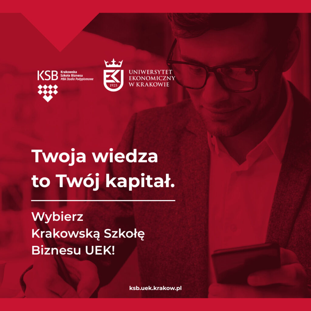 Plakat reklamujący KSB - postać męzczyzny siedząca i wypełniajaca dokument, tekst zapraszajacy do skorzystania z oferty