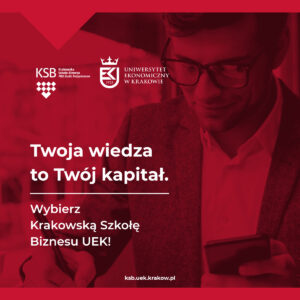 Plakat reklamujący KSB - postać męzczyzny siedząca i wypełniajaca dokument, tekst zapraszajacy do skorzystania z oferty
