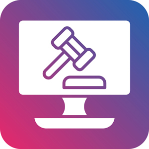 Rysunek przedstawiajacy zarys ekranu monitora z młotkiem sędziowskim