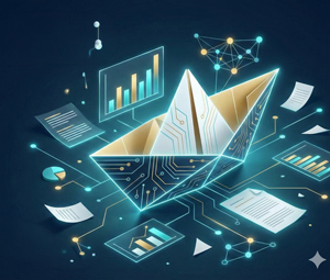 Ilustracja w stylu futurystycznym przedstawiająca origami w kształcie łodzi wykonane z elementów przypominających obwody elektroniczne, unoszące się na tle wykresów, dokumentów i połączonych punktów symbolizujących dane oraz analizę cyfrową.