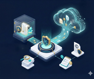 Ilustracja w stylu izometrycznym przedstawiająca koncepcję cyberbezpieczeństwa i chmury obliczeniowej: świecąca tarcza z symbolem ochrony danych połączona strumieniem informacji z chmurą, obok serwera w przezroczystej obudowie, stosu dokumentów z lupą oraz urządzenia mobilnego z ikoną zabezpieczeń.