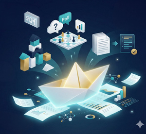 Futurystyczna ilustracja przedstawiająca świecącą łódź z papieru unoszącą się nad dokumentami, wykresami i ikonami analizy danych, takimi jak ankieta „poll”, znaki zapytania, listy zadań oraz elementy diagramów i połączeń symbolizujących przetwarzanie informacji.