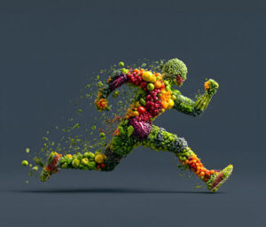 Koncepcja zdrowego odżywiania i aktywnego stylu życia: biegnąca figura z owoców i warzyw