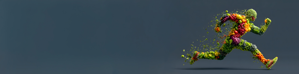 Koncepcja zdrowego odżywiania i aktywnego stylu życia: biegnąca figura z owoców i warzyw