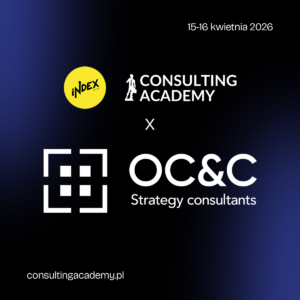 Grafika promująca wydarzenie Consulting Academy 15–16 kwietnia 2026, z logotypami iNDEX oraz OC&C Strategy Consultants.