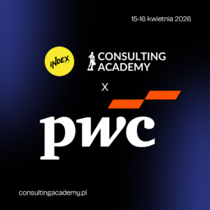 Grafika promująca wydarzenie Consulting Academy i PwC z datą 15–16 kwietnia 2026 na ciemnym tle.