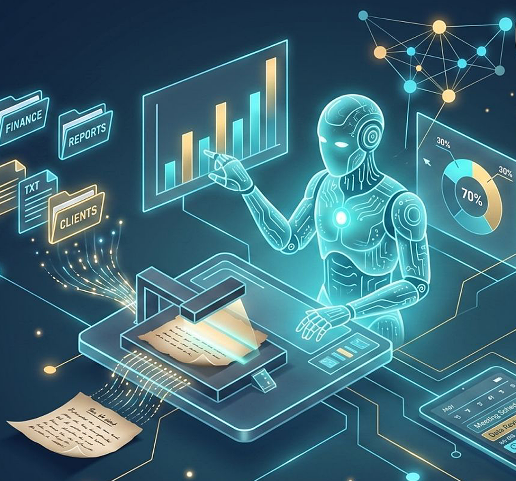Futurystyczna ilustracja przedstawiająca humanoidalny system sztucznej inteligencji analizujący dane. Postać stoi przy cyfrowym biurku z urządzeniem skanującym dokumenty papierowe, które są przekształcane w dane cyfrowe. Wokół widoczne są ekrany z wykresami słupkowymi i kołowymi, foldery opisane jako „Finance”, „Reports” i „Clients” oraz schematy sieci danych, symbolizujące automatyzację analizy dokumentów i raportowania biznesowego.