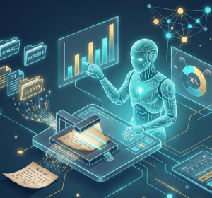 Futurystyczna ilustracja przedstawiająca humanoidalny system sztucznej inteligencji analizujący dane. Postać stoi przy cyfrowym biurku z urządzeniem skanującym dokumenty papierowe, które są przekształcane w dane cyfrowe. Wokół widoczne są ekrany z wykresami słupkowymi i kołowymi, foldery opisane jako „Finance”, „Reports” i „Clients” oraz schematy sieci danych, symbolizujące automatyzację analizy dokumentów i raportowania biznesowego.