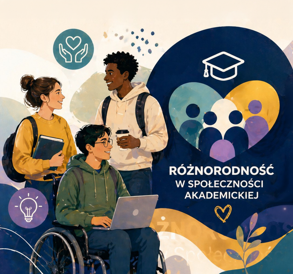 Ilustracja przedstawiająca grupę studentów w przestrzeni akademickiej. Jedna z osób porusza się na wózku i korzysta z laptopa, pozostałe osoby stoją obok, trzymając książki i kubek z napojem. W tle widoczne są symbole związane z edukacją, współpracą, empatią i innowacyjnością oraz napis „Różnorodność w społeczności akademickiej”. Całość utrzymana w ciepłej, ilustracyjnej stylistyce, podkreślającej ideę inkluzywności i współpracy.