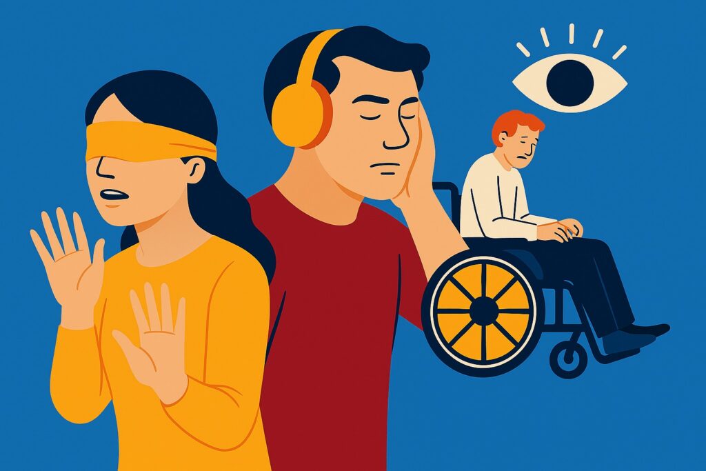 Ilustracja trzech osób symbolizujących różne niepełnosprawności: niewidomej kobiety, osoby w słuchawkach oraz osoby na wózku inwalidzkim.