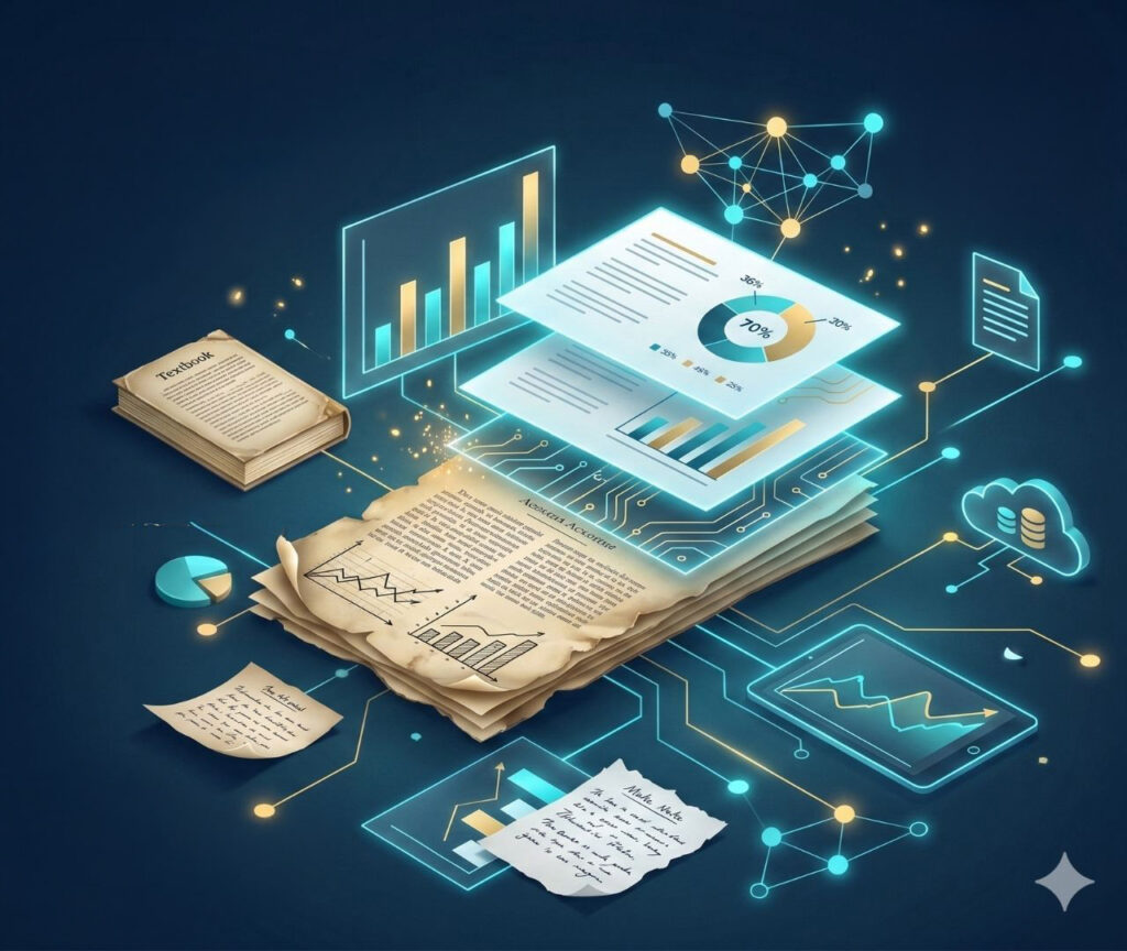 Ilustracja przedstawiająca cyfrową transformację starych prezentacji: papierowe slajdy i dokumenty przekształcane przez sztuczną inteligencję w nowoczesne wykresy i prezentacje online.