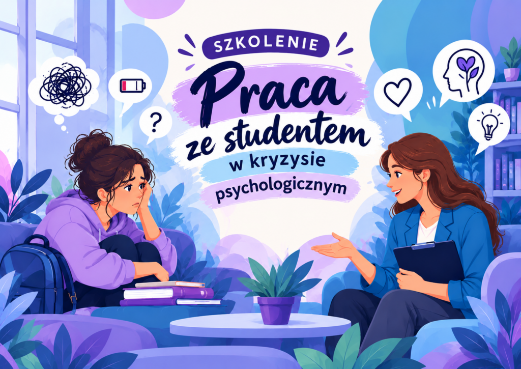 Ilustracja przedstawiająca rozmowę wspierającą między studentką a nauczycielką w kryzysie psychologicznym